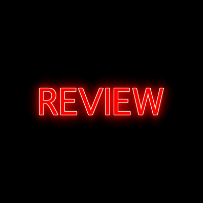 the word "review" written in all caps in red with a yellow glowing light as a border against a black background