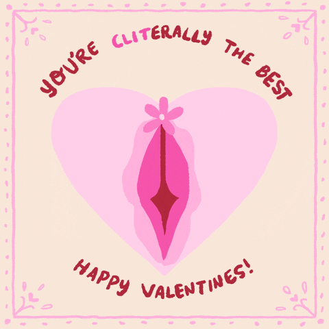 Digital art gif. Illustrated Valentine with a vulva and vagina in the shape of a heart on a creamy background, a dancing flower where the clitoris should be. Text, "You're cliterally the best, Happy Valentine's!"