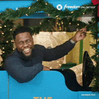Sponsored gif. Comedian Kevin Hart sits in a blue golf cart decorated with christmas lights and garland. He is shouting at passersby. The Chase Freedom Unlimited logo is in the upper right corner.  Additional text: "Excuse me!" 