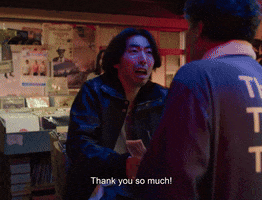 Movie gif. Tokio Emoto as Takashi and Koji Yakusho as Shigeru in Perfect Days. Takashi is sobbing and he stumbles towards Shigeru with his arms outstretched and he hugs Shigeru as he cries and says, "Thank you so much!" which appears as text.