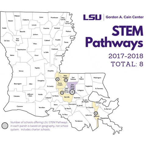 This is a gif that has 7 slides each displayed for 2 seconds.  Each slide shows a map of Louisiana and the parishes that are offering STEM pathway courses in each year from  2016-17 to 2024-25 are varying shades of yellow. 17/18: 8, 18/19: 26, 19/20: 39, 20/21: 54 21/22: 71, 22/23: 121 anticipated. 