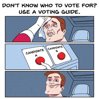 Digital art gif. Daily Struggle comic meme features a man sweating nervously as he wipes his brow. Below him, we see his hand sliding back and forth undecidedly between two red buttons labeled Candidate A and Candidate B. The final photo shows the man smiling, giving us a thumbs up. Text, “Don’t know who to vote for? Use a voting guide.”