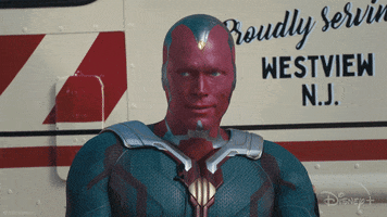 Disney gif. Paul Bettany as Vision in WandaVision. He's sitting down and he looks away in annoyance before turning back to quip, "I'm not amused." He turns his head again and shakes his head slightly while tightening his lips.