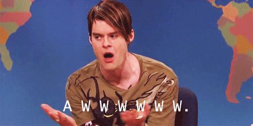 SNL gif. Bill Hader as Stefon fans himself with his hands. Text, a drawn-out "Aww."