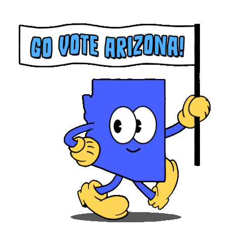 Digital art gif. Blue shape of Arizona smiles and marches forward with one hand on its hip and the other holding a flag against a transparent background. The flag reads, “Go vote Arizona!”