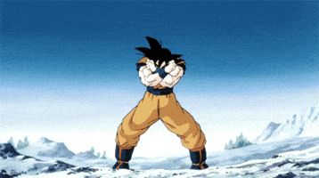 Anime gif. Goku from Dragon Ball Z standing in the snow flexes aggressively and transforms into Super Saiyan.