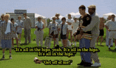 Movie gif. Cal Weathers as Chubbs Peterson in Happy Gilmore hugs Adam Sandler as Happy Gilmore. Chubbs swags his hips, moving Happy, and says, “It’s all in the hips, yeah. It’s all in the hips. It’s all in the hips.” Happy shoves Chubbs off of him and says, “Get off of me!”