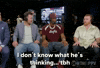 Video gif. Saul "Canelo" Alvarez wears a headset microphone as he looks over at others on the panel with a neutral expression, one guy looking up at the camera with surprise in response to his statement. Text, "I don't know what he's thinking...TBH and I don't care."