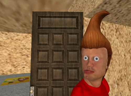 Digital art gif. 3D rendering of Jimmy Neutron with buggy eyes. He stands in front of a door and he looks away from us as the camera zooms in on him.