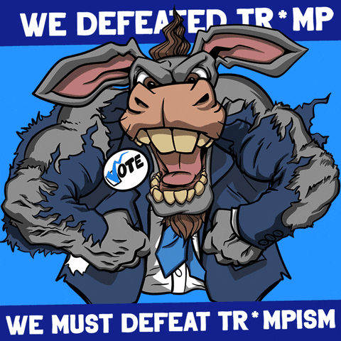 Digital art gif. An angry muscle-bound donkey wearing a “Vote” sticker flexes its biceps, ripping its blue suit. Text, “We defeated Tr*mp. We must defeat Tr*mpism.”