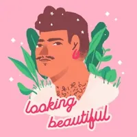 Illustrated gif. Tiny daisies bloom in the hair of a person with a mustache and pink hoop earrings as they blink peacefully. Text, 