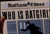 Cartoon gif. Man holds up the Gotham Times newspaper whose headline reads 