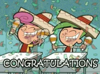 TV gif. Cosmo and Wanda from the Fairly Odd Parents sit at school desks wearing sombreros and shaking maracas excitedly in a celebratory fashion. Confetti rains down. Text, 