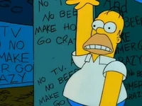 Simpsons gif. Homer has a grimace on his face and he waves his hands up and down rapidly, like a robotic dinosaur.