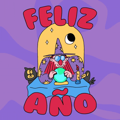 Illustrated gif. A wizard with a crystal ball sits at a table with a black cat on one side and a black bird on the other. The wizard gazes into the crystal ball, light reflecting off of his glasses, as blue light emanates against a wavy bright purple background. Text, “Feliz año.”