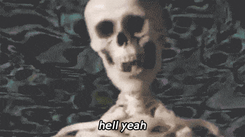 Digital art gif. Skeleton smiles in front of a psychedelic background as he slips on a pair of sunglasses.