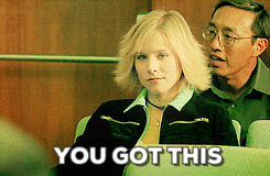 TV gif. Kristen Bell as Veronica in Veronica Mars winks at us as she points a finger gun our way. 