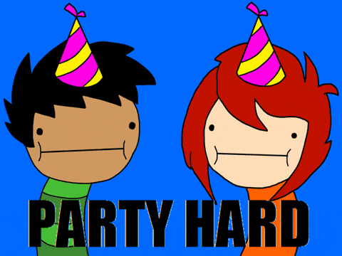 Barevný blikající gif k svátku s dívkou a chlapcem v narozeninových čepičkách s nápisem "Party hard". 