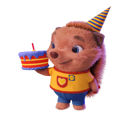 Animovaný gif s ježkem s narozeninovou čepičkou, držícím dort a foukajícím do narozeninové frkačky.