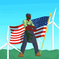 Man posing in front of American flag with text, 'Clean energy independence now'.