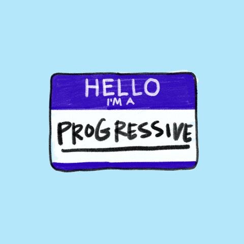 Digital art gif. Cartoon illustration of a name tag sticker that says, "Hello, I'm a..." with the word "progressive" written in the blank space, all against a light blue background.