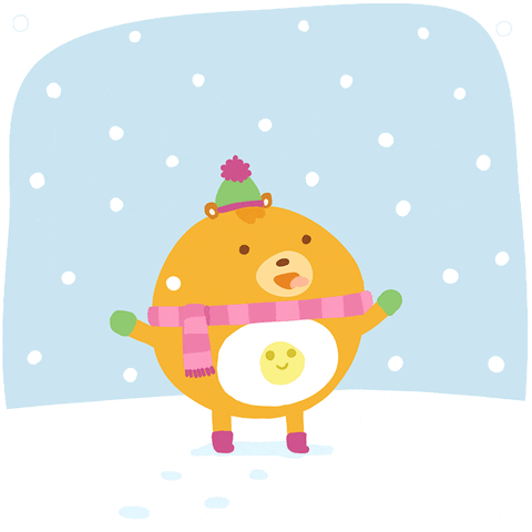 Cartoon gif. From the Super Happy Party Bears, a round yellow bear with a happy face on its belly stands open-armed in the snow, catching snowflakes in its mouth and reacting in delight.