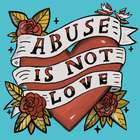 Digital art gif. Gleaming red heart against a light blue background surrounded by three dancing red roses wrapped in a white ribbon that says, “Abuse is not love.”