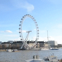 Video gif. A wide panning shot of the London Eye, the ferris wheel, and we zoom in and fly back to show many different perspectives of the wheel. 