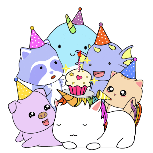 Digital illustration gif. Group of cute animals in party hats, including a raccoon, bat, and pig, celebrate with a birthday cupcake on a plate that rests on top of a sleeping unicorn's head.