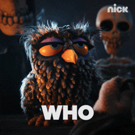 TV gif. Stacey the Owl in the Barbarian and the Troll opens and closes her beak with skeletons bobbing in the background behind her. Text, "Who."