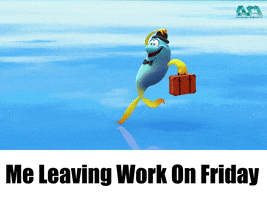 Cartoon gif. A blue and yellow fish wears a bowler hat and grasps a briefcase as he runs away cheerfully on top of water. Text, "Me leaving work on Friday."
