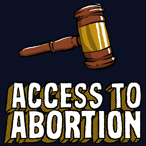 Text gif. Gavel strikes big block letters reading "Access to abortion," cracking them, against a dark blue background.