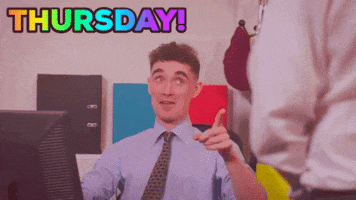 Movie gif. Sean Flanagan from Foil Arms and Hog: Live at Vicar Street sits at his desk and looks very pleased with the person he's talking to. He points at them before turning the point into a thumbs up, now looking very pleased with himself. Text, "Thursday!"