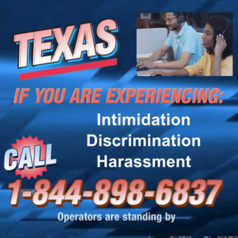 Text gif. Against a blue background that looks like a retro 1990s infomercial with a small video in the top right corner that shows two operators high-fiving. Text, “Texas, if you are experiencing intimidation, discrimination, harassment, call 1-844-898-6837. Operators are standing by.”