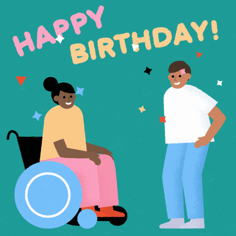 Digital art gif. A woman in a wheelchair and a man stand next to each other and give each other a high five and confetti explodes. Text, "Happy Birthday!"