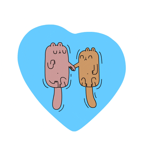 Illustrated gif. Two otters hold hands and smile contentedly, tails wagging, lying on a watery blue heart.