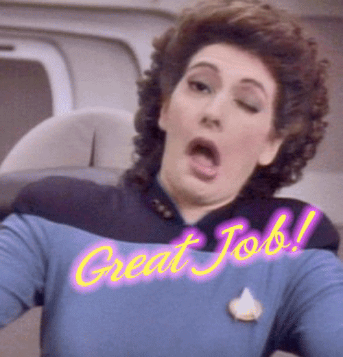 Star Trek gif. Image captures Marina Sirtis as Deanna Troi sitting with her mouth hung open. The only part that moves on her face are two dark eyes that blink in an unsettling alternating pattern. Cursive yellow font with a purple outer glow reads, "Great Job!"