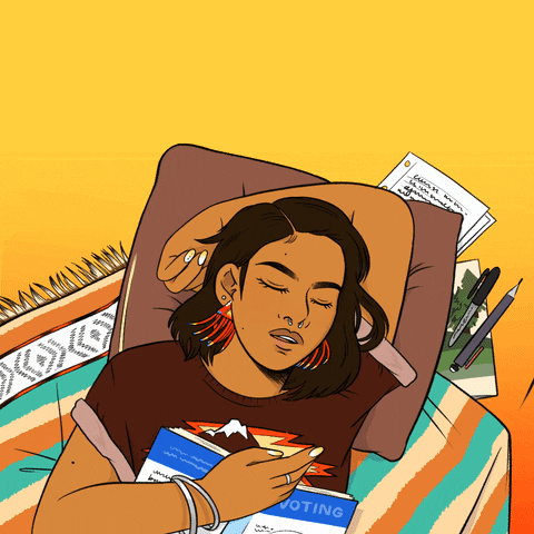 Illustrated gif. Indigenous young woman in a t-shirt earrings and nail art napping on a patterned blanket atop a yellow-orange gradient, voting guide on their chest, notes and pens aside, dream clouds materializing out of her head form clouds that read, "Dreaming about voting early."