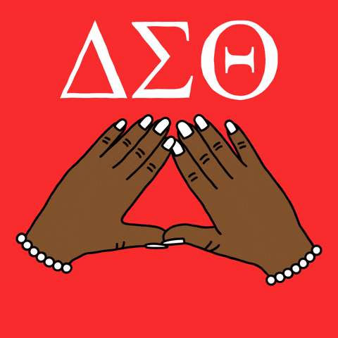 Illustrated gif. Deep brown hands with white nail polish forming a triangle, under the Greek letters for Delta Sigma Theta on a red background. Text, "Vote!"