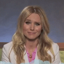 Celebrity gif. Kristen Bell laughs hysterically then covers her mouth as she begins to cry.
