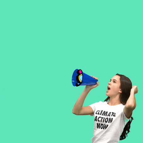 Digital art gif. Woman wearing a "climate action now" t-shirt yells into a megaphone, raising her fist as she screams. Colorful, all-caps text emanates from the megaphone and reads, "Fight climate change," everything against a teal background.