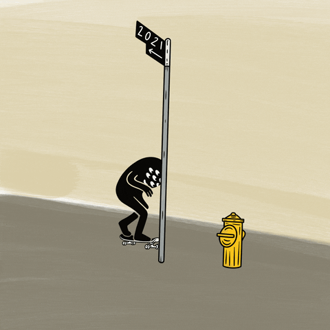 Illustrated gif. Humanlike black creature with a cluster of eyes skateboards over a fire hydrant and around a pole with an arrow indicating the direction of the year 2021.
