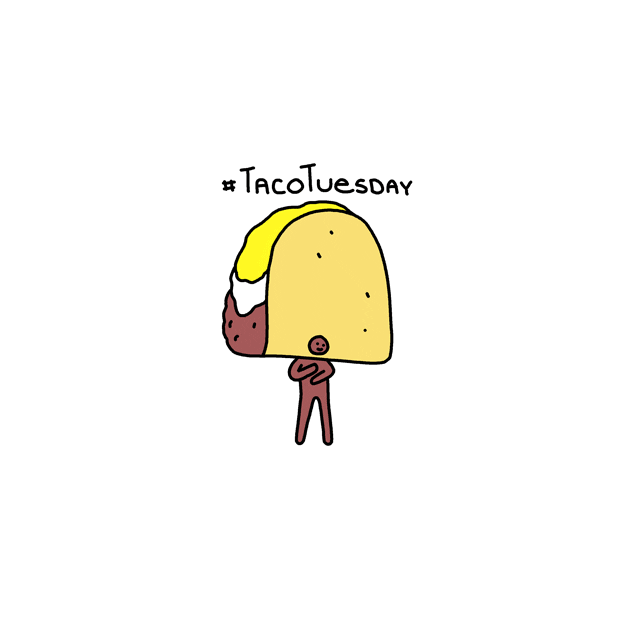 Illustrated gif. A man wears a large taco around his head and dances. Text, “#TacoTuesday.”