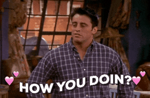 Friends gif. Matt LeBlanc as Joey looks at someone, nodding and smiling with hands on hips as he says, "How you doin?"