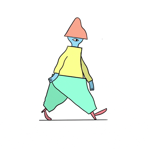 Illustrated gif. Pastel colored people made up of different odd shapes change from one another and quickly walk towards the right.