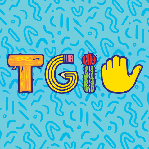 Text gif. The letter T looks like a piece of wood, the G looks like a curved pencil, the I looks like a cactus, and the F is represented by a middle finger popping up. Text, “TGIF.”