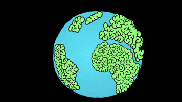 Cartoon gif. We see a cartoon version of planet Earth where all the land masses look like green brain matter. An eye opens up on one side of the planet, then the eyeball pops out and flies away.