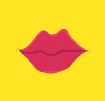 Digital illustration gif. Pink cartoon lips on a yellow background make a smooching motion. Black text across the lips reads, "Muaah!'
