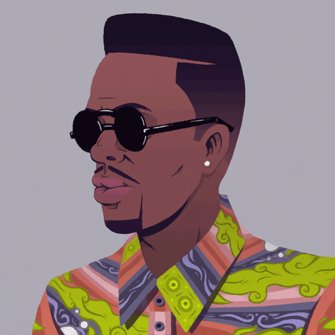 Digital Art gif. Animated drawing of DJ Jazzy Jeff from Fresh Prince of Bel-Air holds a cool, collected stare in a brightly colored printed t-shirt as his dark black-framed sunglasses reflect moving light.