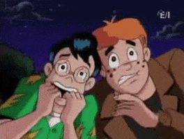Cartoon gif. Archie and Dilton from The Archie Show lean shoulder to shoulder, screaming and trembling with fear.
